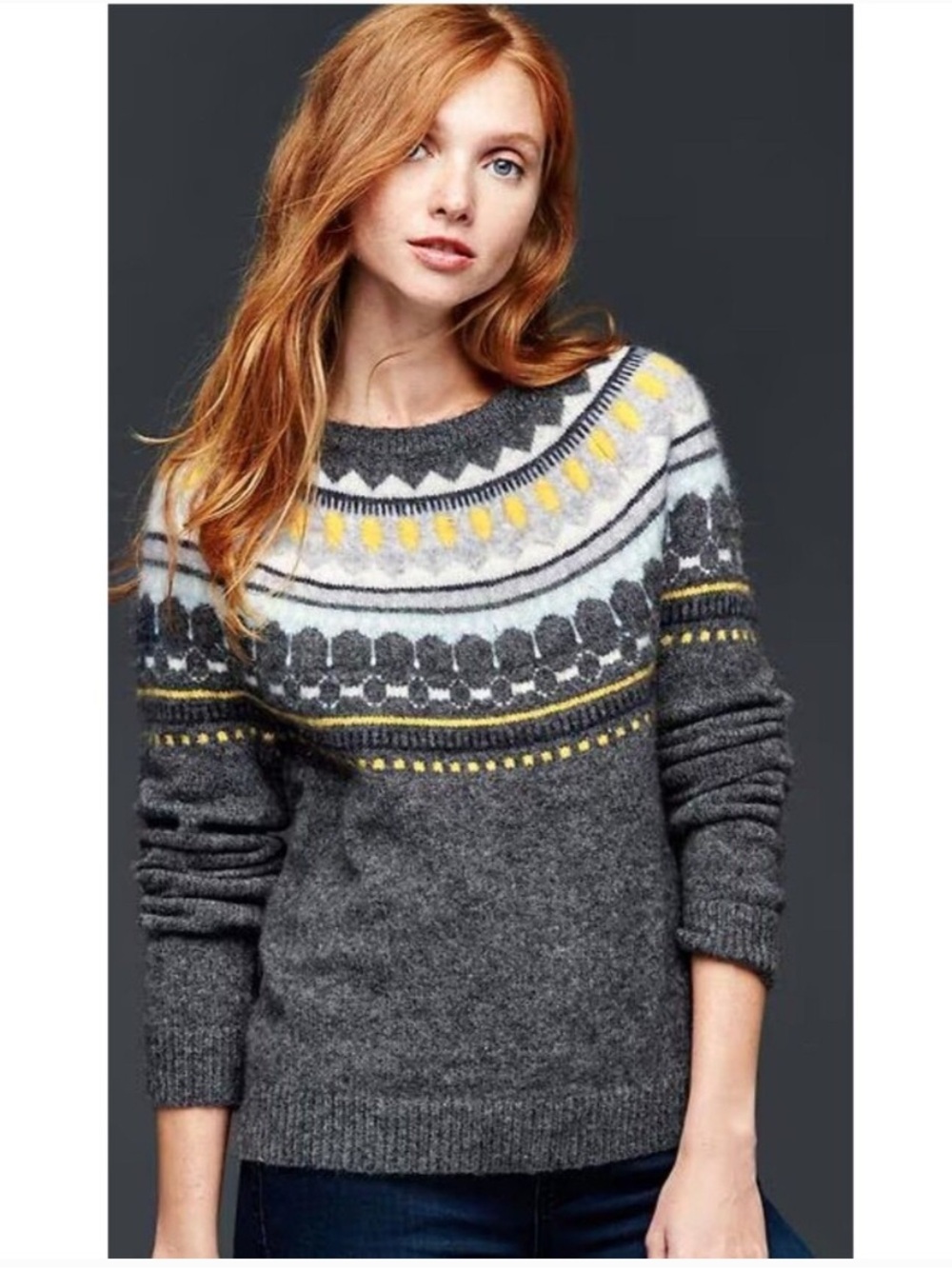 GAP Women's Circular Fair Isle Sweater Heather Charcoal Fisherman‎ Nordic Winter